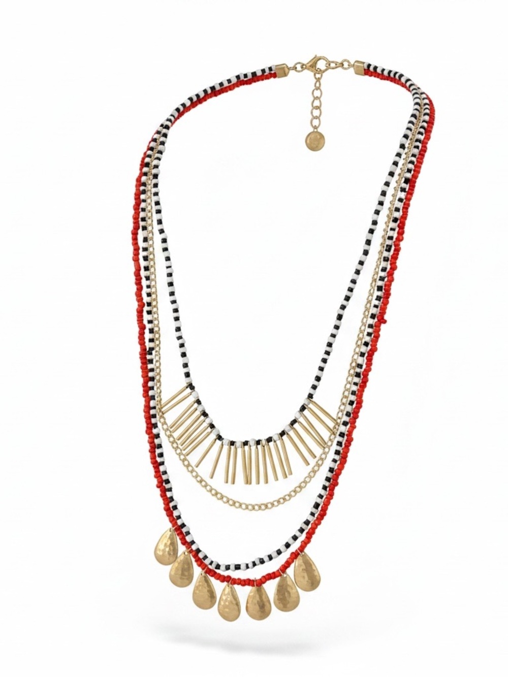 Layered Red, Black & White Beaded Necklace with Gold Accents